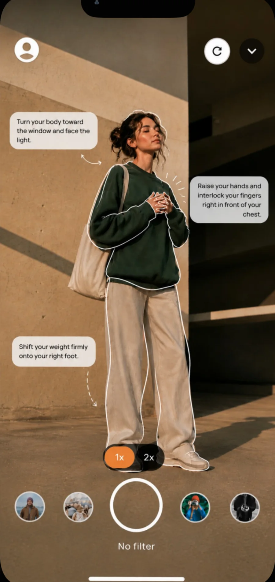 Posme's live camera: a pose guide traced over a portrait, with short director cues around it